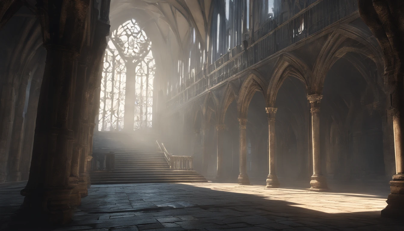 (best quality,4k,highres,masterpiece:1.2),ultra-detailed,medieval castle hallways on a cloudy day with stone walls and tall windows and cool sunlight shining through the windows, a cold and bleak atmosphere