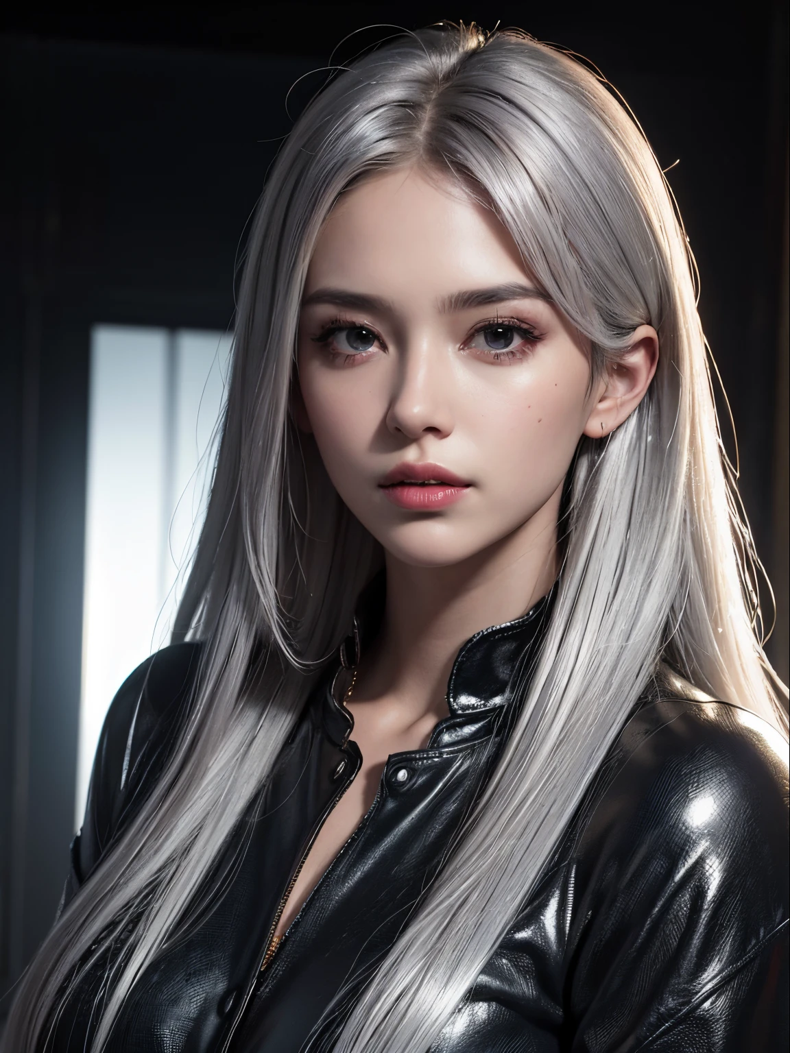 Best quality, masterpiece, ultra high res, (photorealistic:1.4), raw photo, 1girl, silver hair, shiny skin, dramatic lighting