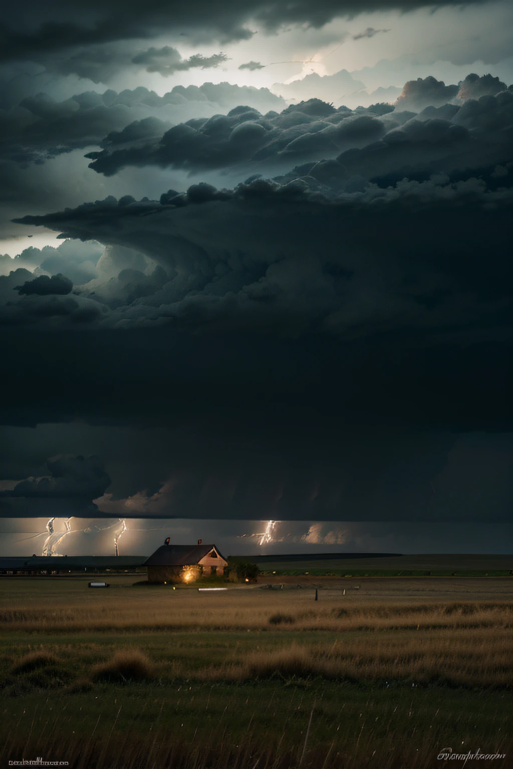 An expansive Russian steppe during a thunderstorm, dark clouds covering the sky, lightning illuminating a solitary farmhouse in the distance, the wind bending the tall grass in waves, conveying an eerie atmosphere of isolation and anticipation, Painting, watercolor on textured paper, --ar 16:9 --v 5