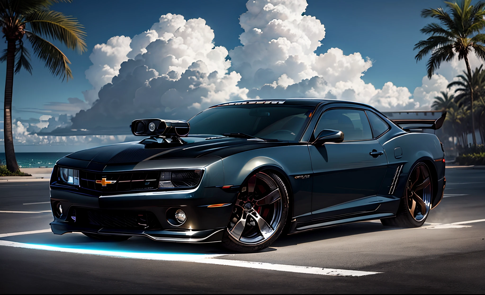 Imponente Preto Chevy Camaro esporte Show Car, with headlights on and on, enormes rodas BBS, Ridiculously low posture parked near palm trees and beautiful mansions with balconies in sunny California with the sun shining in the blue sky with clouds and shining on the yachts and ocean