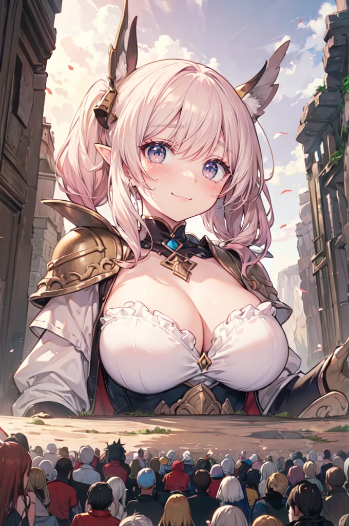 Dungeon, cliffs, hills, fantasy, stone, cliffs, (height_difference:1.4), (giantess:1.4), tiny crowds of adventurers in front of the breasts of a giantess, tiny crowds of adventurers under the breasts of a giantess, naked, from below, (closeup breasts: 1.4), elfgirl, twintails,  Tiny Crowds of adventurers on a cliff, tiny crowds of girls on a hill (minigirl:1.2), (rear_end:1.2), (Masterpiece), (Best Definition Animated Illustration), (Super Definition), sexy clothing, fluffy, frills