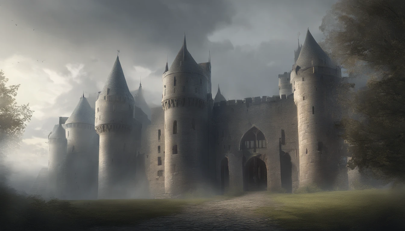 (best quality,4k,highres,masterpiece:1.2),ultra-detailed,medieval castle long corridors on a cloudy day with stone walls and tall windows and cool sunlight shining through the windows, a cold grey and bleak atmosphere