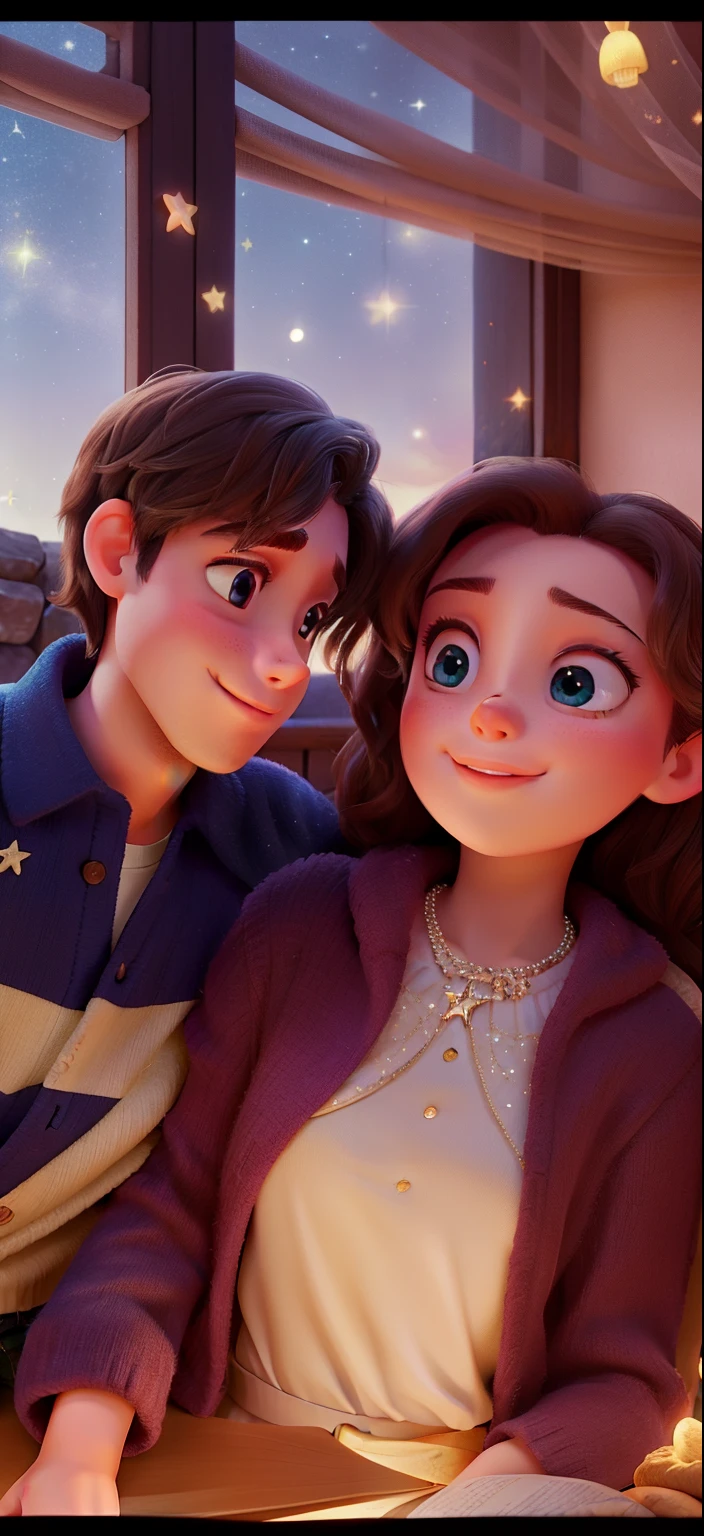 Soft starlight shines on lovers,They kiss romantically under the bright starry sky,couple, love birds sweet @23