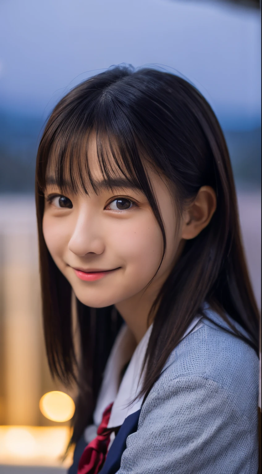 masutepiece, Best Quality, 8K, 20 years old, Teen, Raw photo, absurderes, award winning portrait, Smile, Solo, (Night:1.8), Idol face, Delicate girl, Upper body, Digital SLR, Looking at Viewer, Candid, Sophisticated,Thin arms, Professional Lighting, Film grain, chromatic abberation, (Eyes and faces with detailed:1.0), (Bokeh:1.1) , (Office Lady Uniform:1.1) , closes mouth , A dark-haired , drooing eyes , large full breasts , (Thick lip:1.2) , -yeld fa