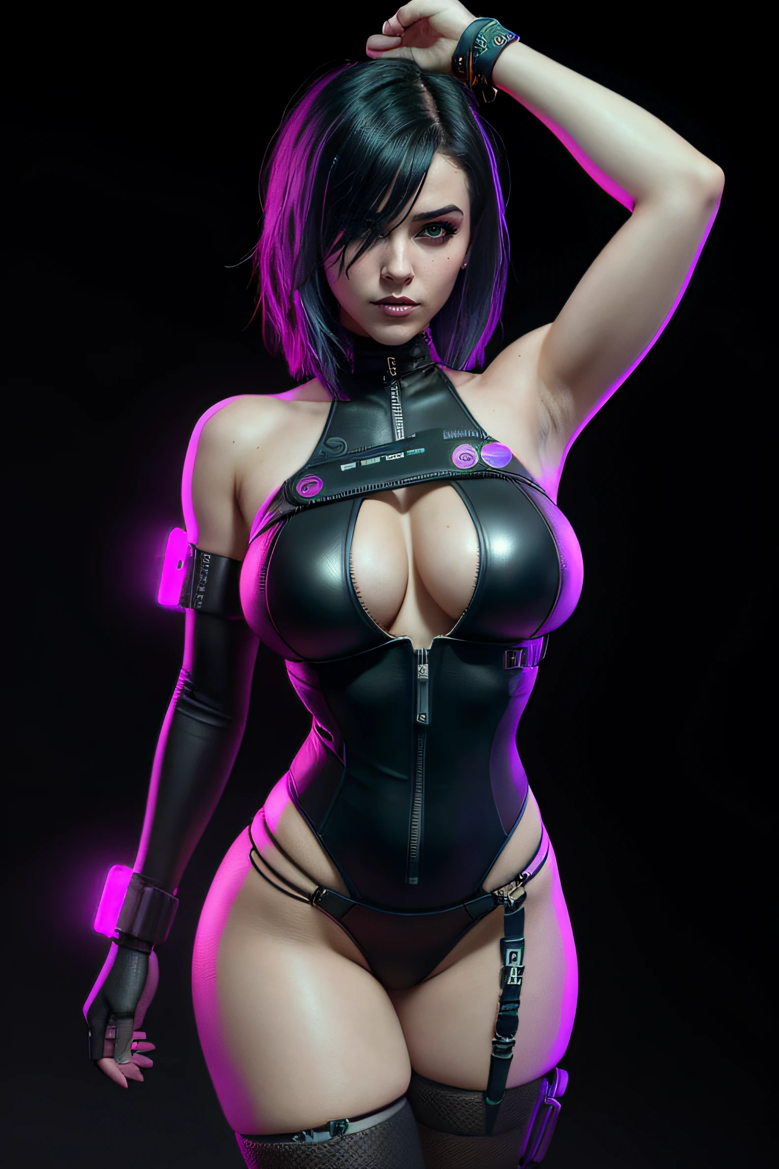 there is a woman, 3 d neon art of a womans body, neon-noir background, cyberpunk femme fatale, seductive cyberpunk dark fantasy, cyberpunk strip clubs, cyberpunk 20 y. o model girl, oppai cyberpunk, banner, high definition cgsociety, cgsociety masterpiece, trending on cgstation, kda,  (dark plain black background:1.4))