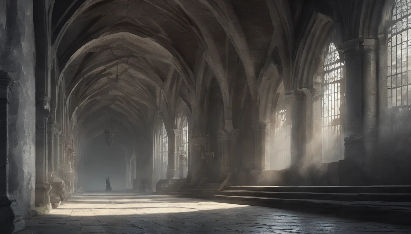 (best quality,4k,highres,masterpiece:1.2),ultra-detailed, long hallway in a medieval castle on a cloudy day with stone walls and tall windows and cool sunlight shining through the windows, a cold grey and bleak atmosphere