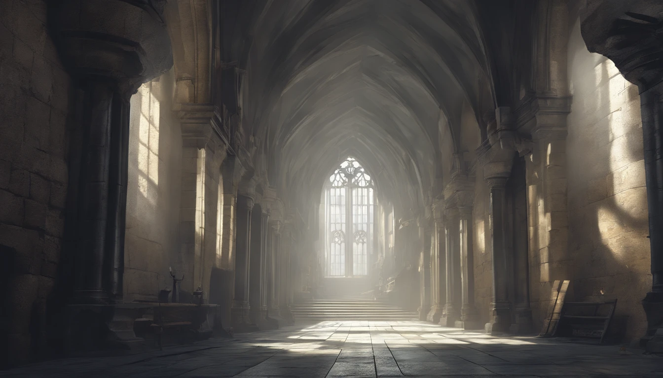 (best quality,4k,highres,masterpiece:1.2),ultra-detailed, long hallway in a medieval castle on a cloudy day with stone walls and tall windows and cool sunlight shining through the windows, a cold grey and bleak atmosphere