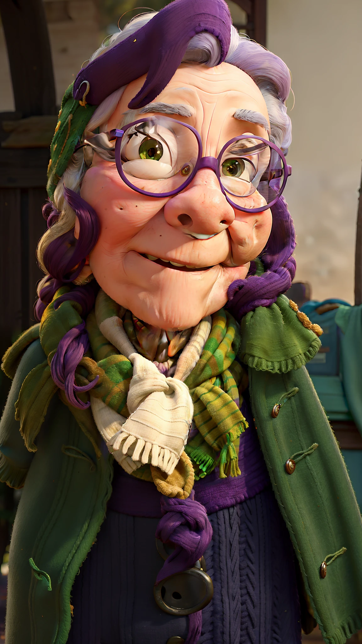 masterpiece, best quality, an old woman with glasses and a scarf on, wearing a purple coat and green scarf, standing at the park