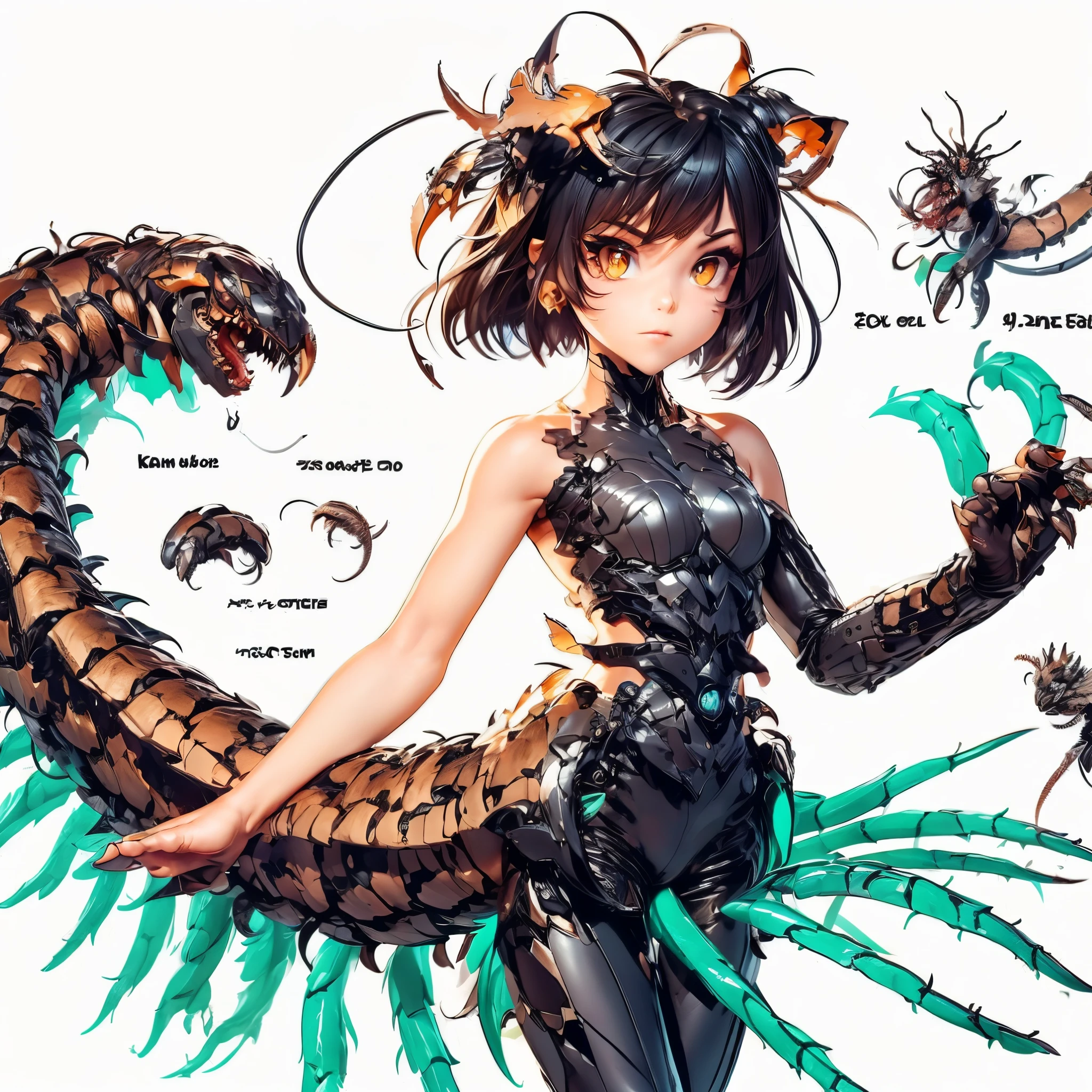 A girl who fuses with a centipede. she is a beautiful girl.kaiju elements. Her hands become weapons. armored body.