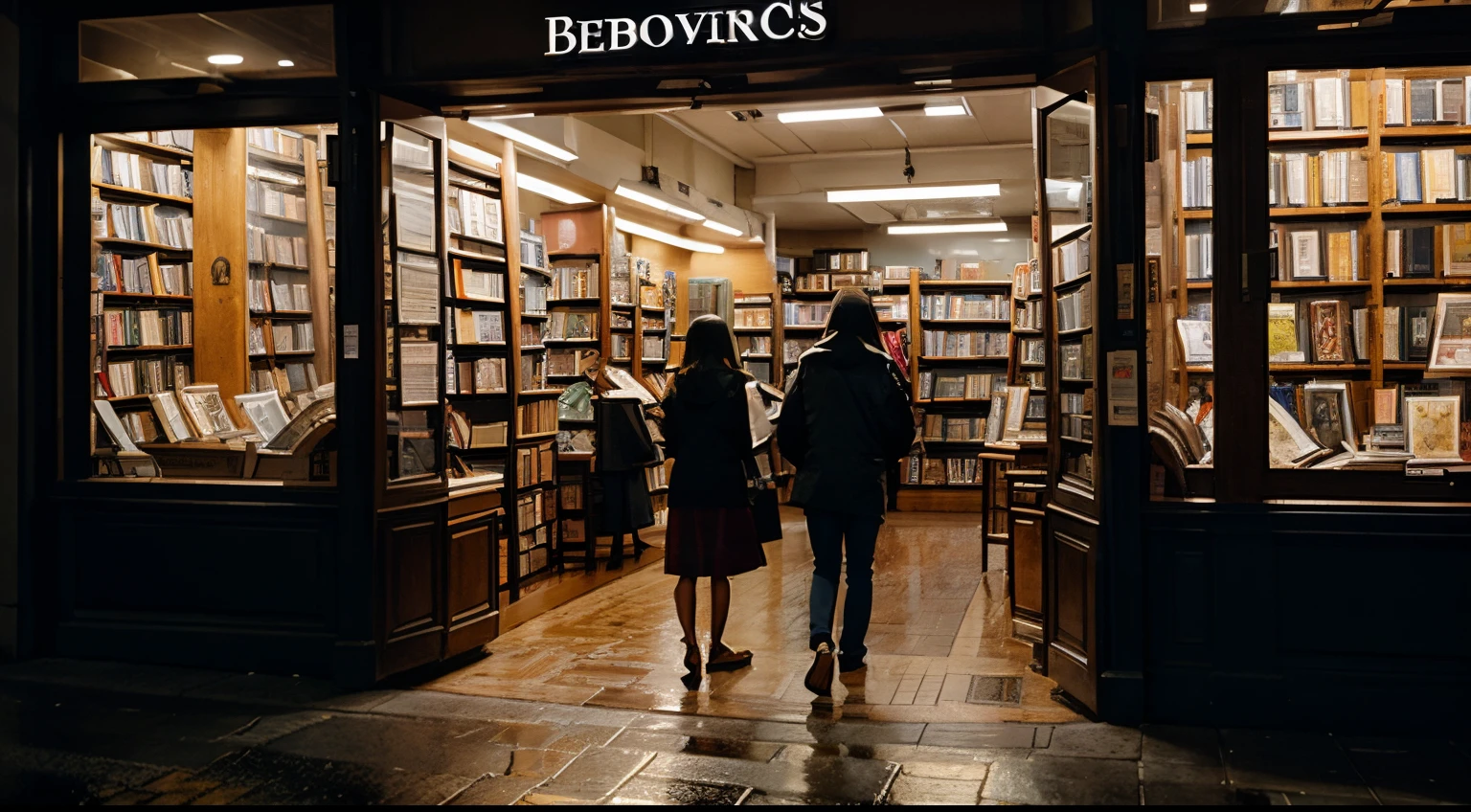 Image of a bookstore at night, with soft lights emanating from its windows as rain gently falls.