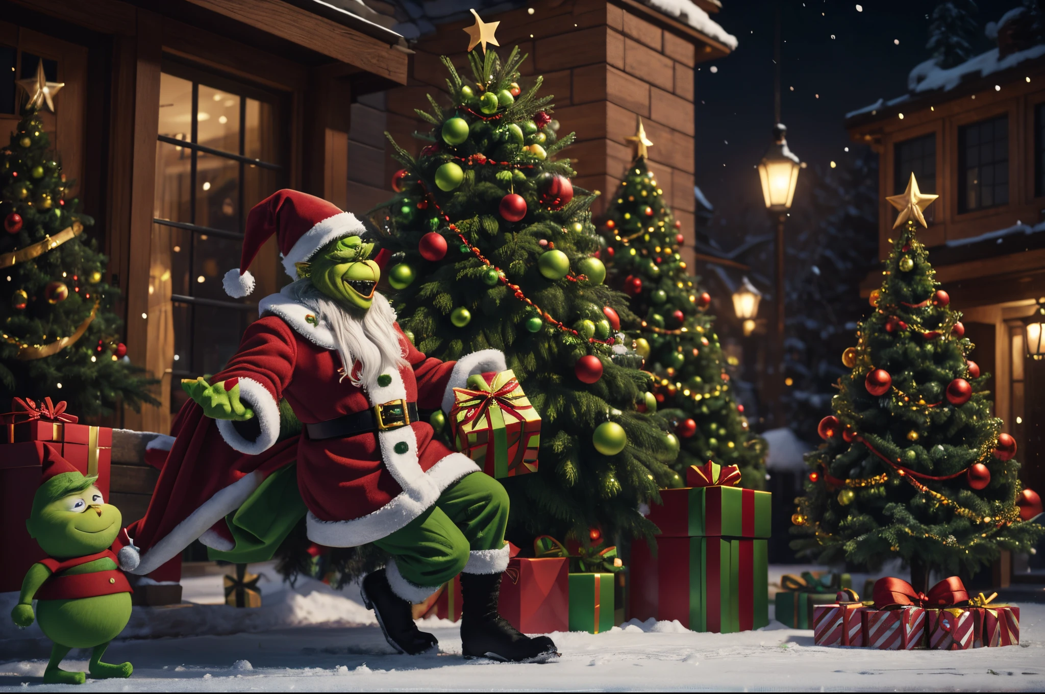 Grinch stole Christmas, Whimsical illustration of a green meanie character stealing presents under the Christmas tree, dressed like Santa Klaus, humorous illustration, hyperrealistic, big depth of field, happy palette of colours, 3d octane render, highly detailed.
