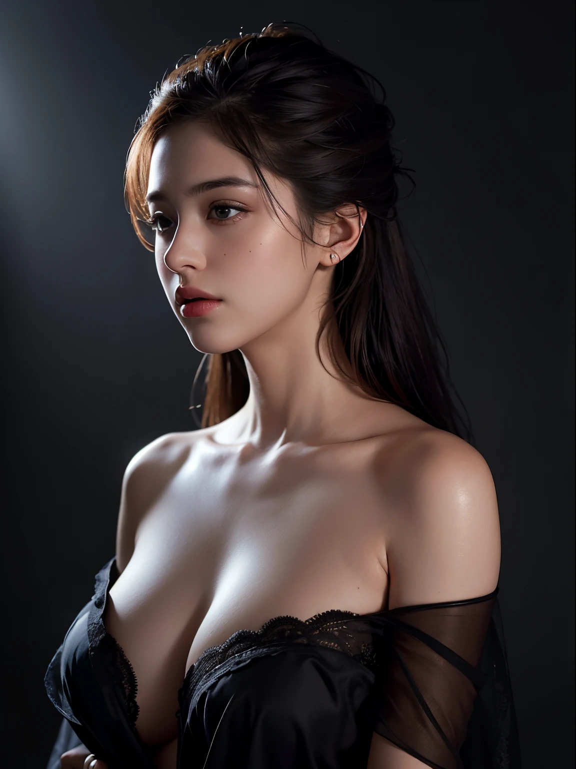 Best quality, masterpiece, ultra high res, (photorealistic:1.4), raw photo, 1girl, offshoulder, in the dark, deep shadow, low key, cold light