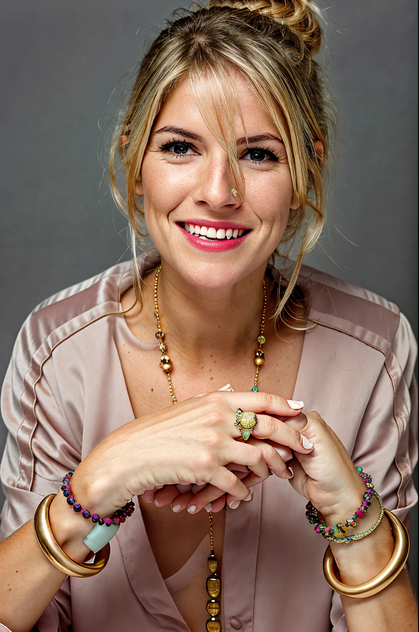 Smiling woman with a necklace and bracelet around her neck, Maclean Bonnie, Laurie graxa, Karen Carr, Beth Harmon, photo of a hand jewellery model, Suzanne Engelberg, imagem de perfil, Joyce Ballantyne, inspirado em Joanna Carrington, Kay Neilsen, inspirado em Anita Kunz, Angie Glocka, Laurie Graxa, usando duas pulseiras de prata!