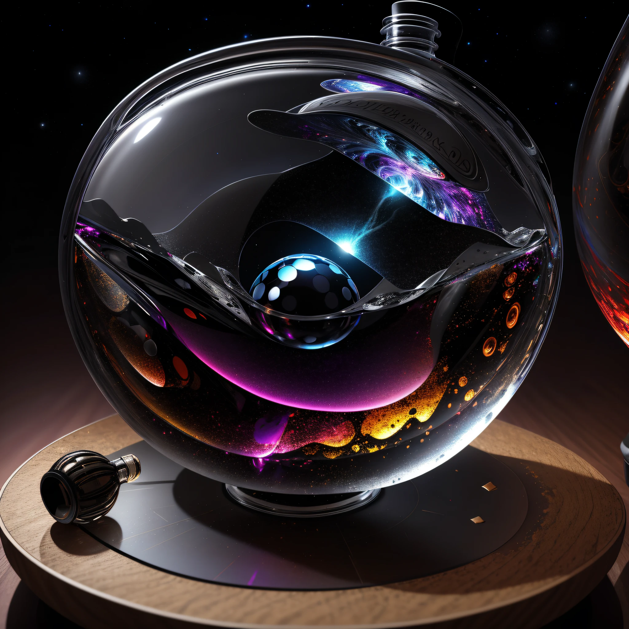 (An intricate Black hole trapped in a bottle), atmospheric oliva lighting, on the table, 4k UHD, dark vibes, hyper detailed, vibrant colours, epic composition, octane render, sharp focus, high resolution isometric, Leonardo Da Vinci style.