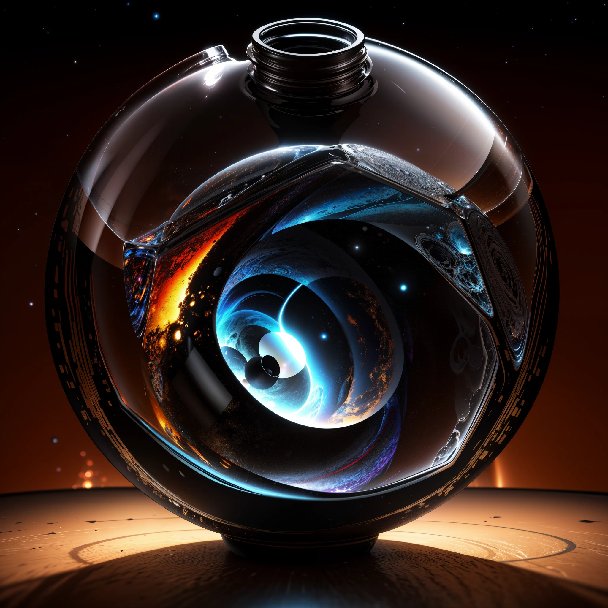 (An intricate Black hole trapped in a bottle), atmospheric oliva lighting, on the table, 4k UHD, dark vibes, hyper detailed, vibrant colours, epic composition, octane render, sharp focus, high resolution isometric, Leonardo Da Vinci style.
