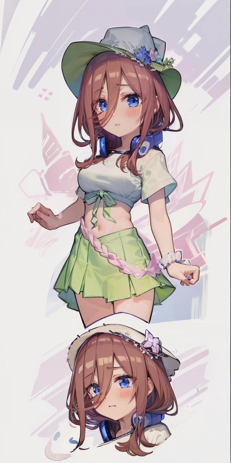 Miku Nakano, shy, blushing, cute, 4k, high quality, highly detailed, miku Nakano, flowing white slong skirt, white top with volant short sleeves, cute hat, flowers as a hairtie, sandals. Perfect face, highly detailed, perfect anatomy