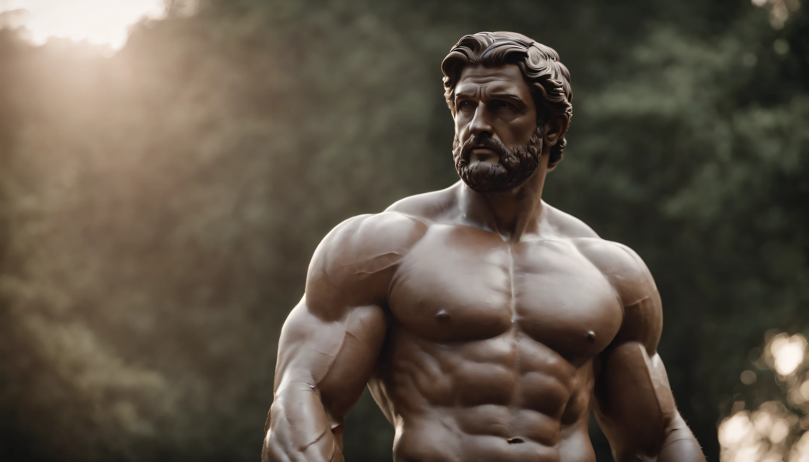 Stoic Greek Hercules style statue with highlighted muscles dark background