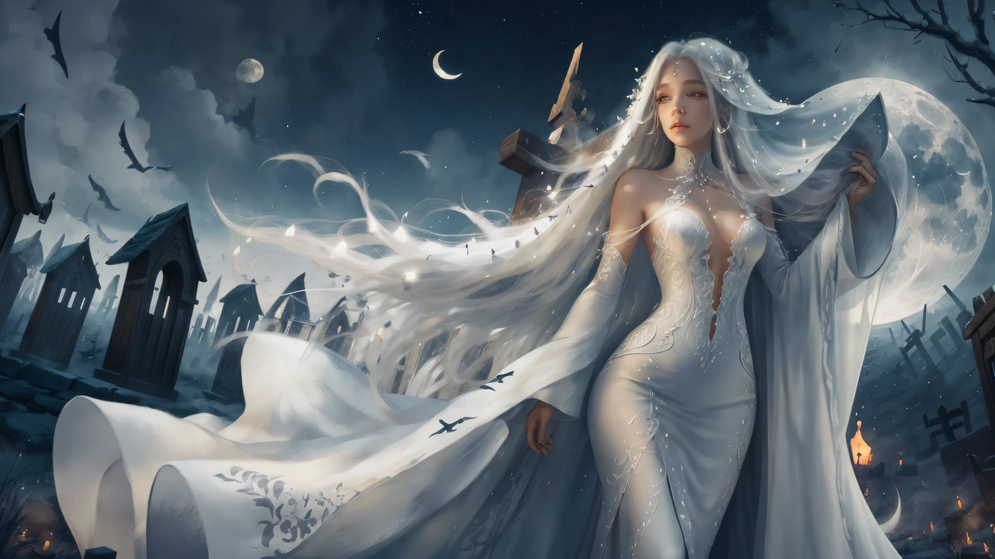 a beautiful woman with long white hair, white eyes, using a white long dress, full body, graveyard night scene with some tombs, moon in the sky --auto --s2