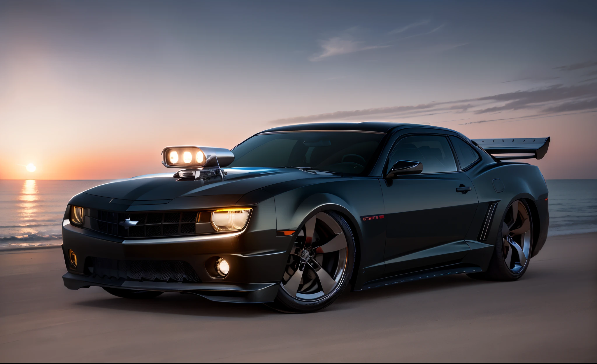 Imponente Preto Chevy Camaro esporte Show Car, with headlights on and on, enormes rodas BBS, Ridiculously low posture parked near palm trees and beautiful mansions with balconies in sunny California with the sun shining in the blue sky with clouds and shining on the yachts and ocean