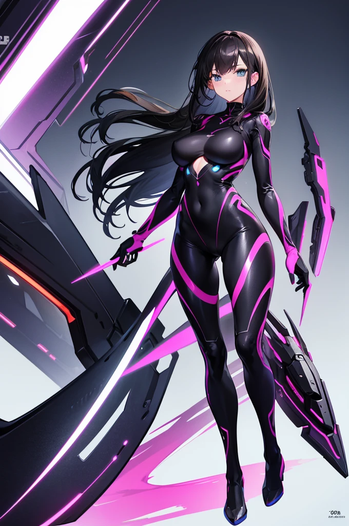 attractive young woman with dark hair wearing a futuristic body suit, full body, anime, 80s, colorful, detailed
