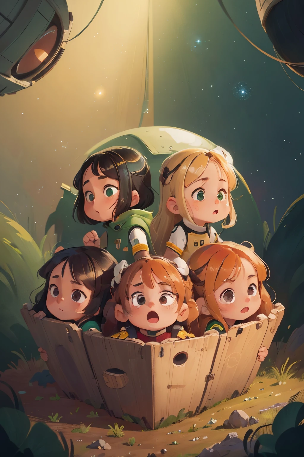 High Detail, Ultra Detail, 8K, Ultra High Resolution there is four cute and innocent girls, black hair, blond hair, brown hair, red hair, green eyes, brown eryes, balck eyes, exploring the space with a spaice ship, adding to the playful atmosphere, happy, (masterpiece), best quality, expressive eyes, perfect face, star trek style.