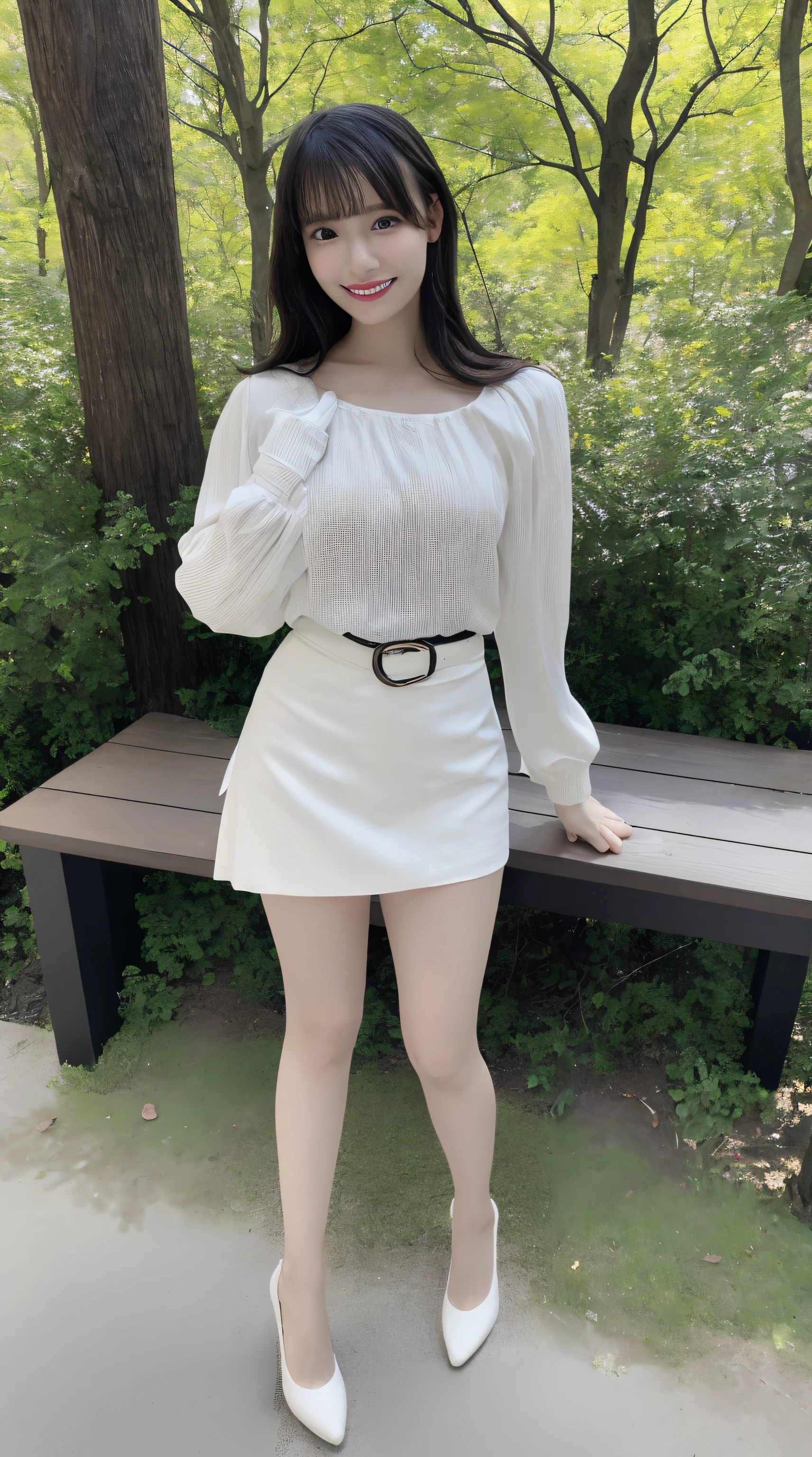 (Best Quality, masutepiece, Ultra HD: 1.3, High brightness, High color saturation), 1girl in, (middlebreasts), light brown hair, Asymmetrical hair, straight haired, Long hair, ( slender body shape, Constricted waist), (Ultra Fine Face), Delicate lips, (beautidful eyes), thin blush, eyes are brown, perfect glossy skin, View here, Smiling smile, ( hide one's hands), (Sitting on a bench), (thin and long legs, Thighs and toes:1.5), See-through white blouse, Tight skirt, (White pumps), (a japanese girl, hposing Gravure Idol), Broad-leaved forest, 135 mm, Fuji Film