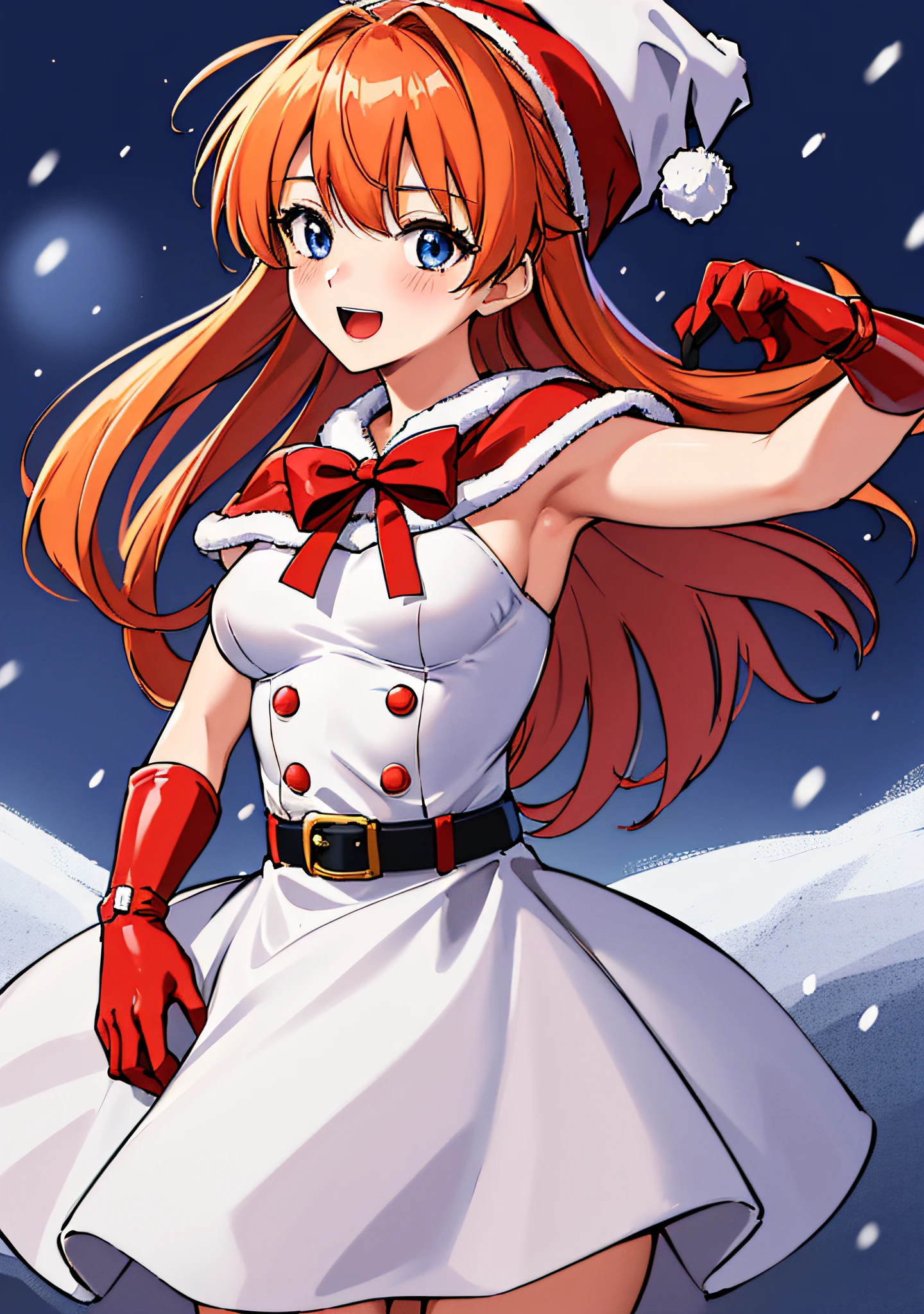 (masutepiece),(Best Quality), Asuka Langley Soryu,、Soio、Blue eyes,hair between eye,headware,Interface headset,Orange hair,Red Ribbon、bow ribbon、Big breasts、((Smaller head))、1 female、Best Quality,masutepiece, hight resolution,Original, Beautiful detailed eyes,Ultra-detailed, 1girl in, hat, Christmas, santa hat, santa costume, Red gloves, Blue eyes, Snow, Grey Hair, Looking at Viewer, Long hair, Night, gloves, blush, Dress, yuki, skyporn, nigh sky, Red dress, Open mouth, Solo, Smile, Capelet, Belt bag