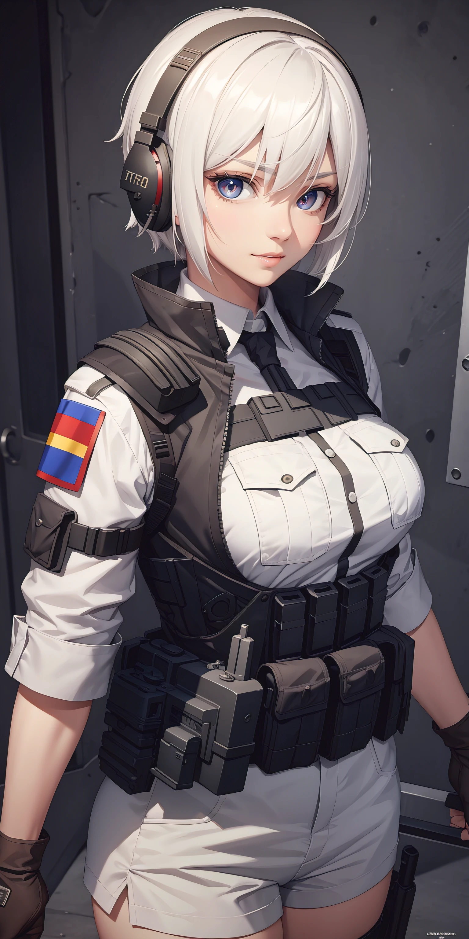Anime, girl, long hair, hime-cut, short hair, white hair, pale blue eyes, cool, earrings, big boob, sexy-cute, full-bodied, wearing a black uniform, beautiful,