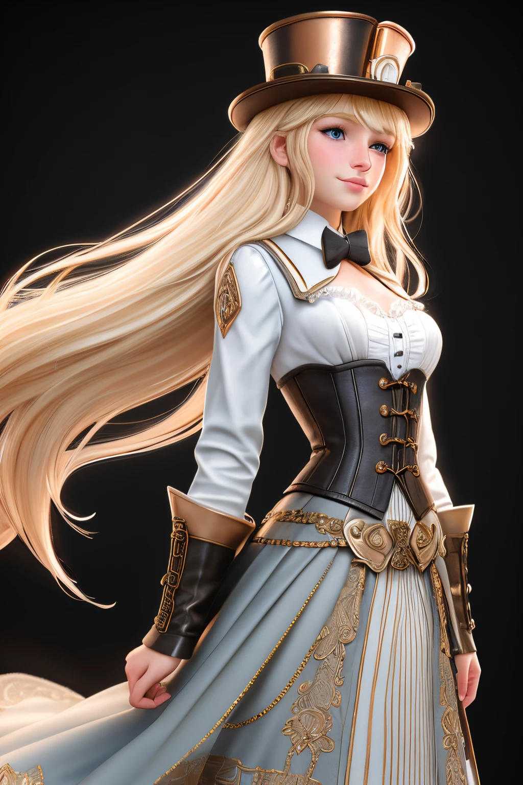 close up 1girl in, ager, Solo, Aesthetic artwork, blond, straight blonde hair, super long blonde hair, light blue eyes, some small freckles, pale skin, A-cup, small breasts, runners body, (thin hips, thin waist: 1.25), detailed skin, shy smile, wearing a steampunk dress, leather corset, top hat, ornamental copper, portrait, 50mm, 4k textures, soft cinematic light, RAW intricate, elegant, highly detailed, sharp focus, ((((cinematic look)))), soothing tones, insane details, intricate details, hyperdetailed, low contrast, soft cinematic light, dim colors, exposure blend, hdr, faded