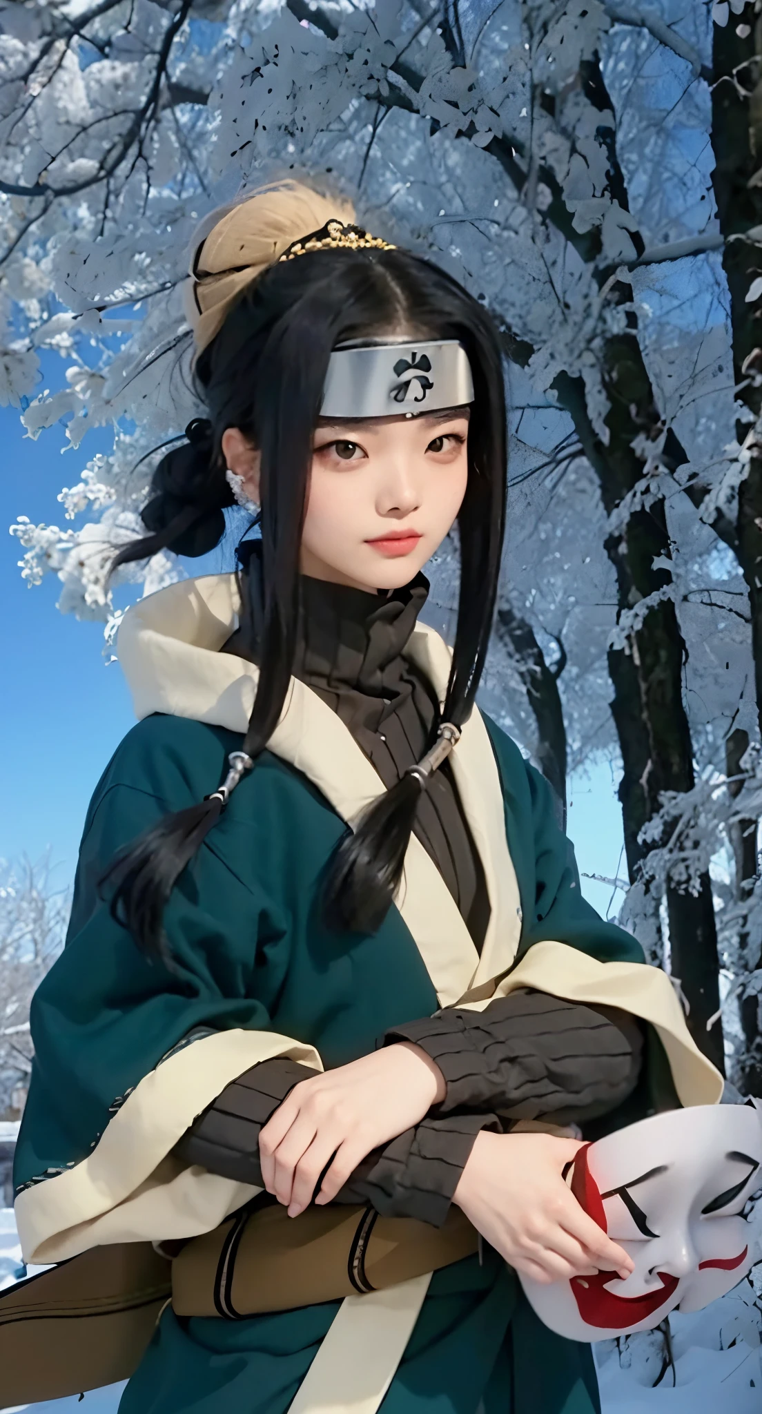 Real life adaption of this character ,The Korean beauty face , realistic same hair , realistic same ninja headband with iron plate in the middle of headband, realistic same accecories in the head,(realistic same outfit), realistic background , realistic light, realistic shadow, realism, hyper realistic,(photorealistic:1.2), normal small eyes, holding realistic same Japanese mask