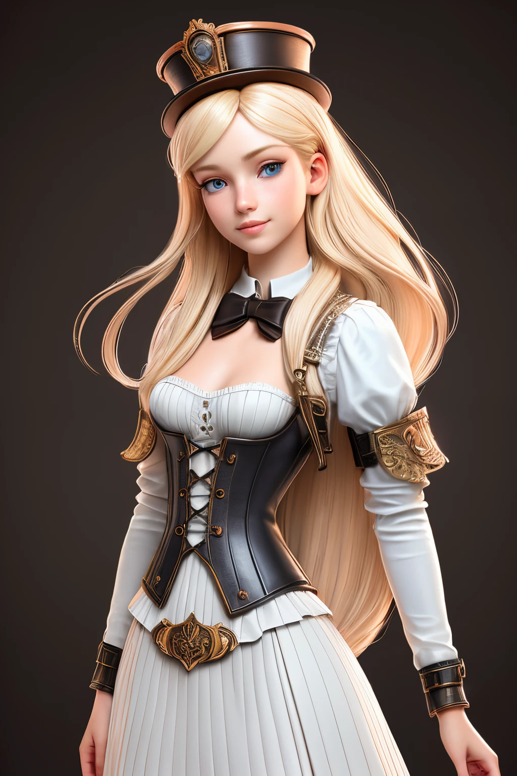 close up 1girl in, ager, Solo, Aesthetic artwork, blond, straight blonde hair, super long blonde hair, light blue eyes, some small freckles, pale skin, A-cup, small breasts, runners body, (thin hips, thin waist: 1.25), detailed skin, shy smile, wearing a steampunk dress, leather corset, top hat, ornamental copper, portrait, 50mm, 4k textures, soft cinematic light, RAW intricate, elegant, highly detailed, sharp focus, ((((cinematic look)))), soothing tones, insane details, intricate details, hyperdetailed, low contrast, soft cinematic light, dim colors, exposure blend, hdr, faded