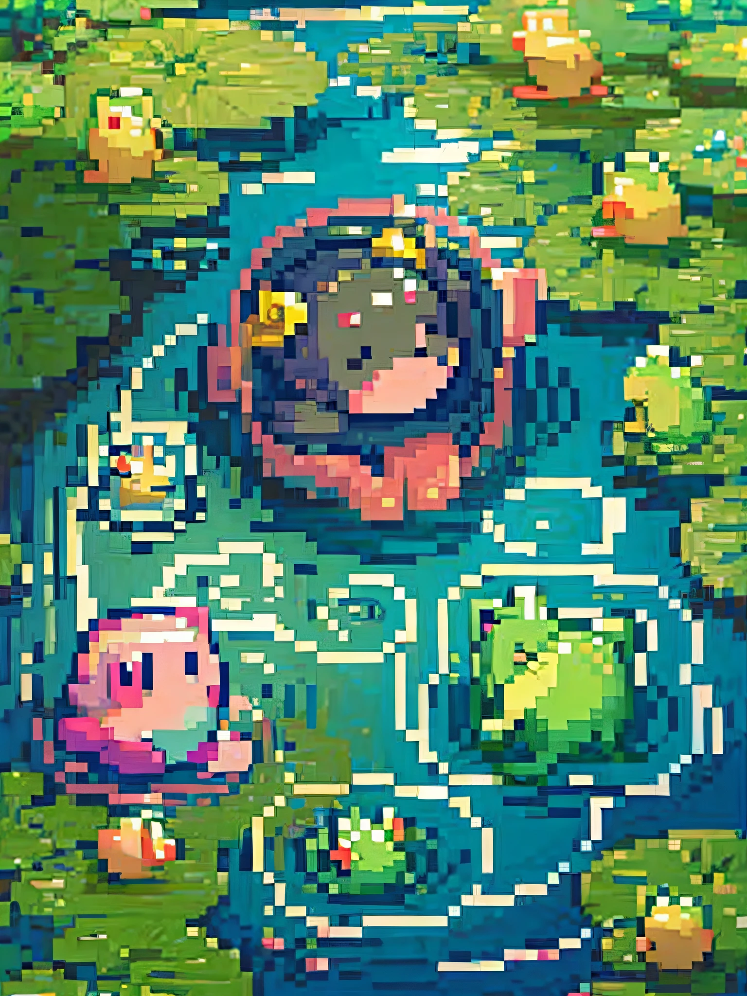 Kirby dressed as a frog in a cute pond