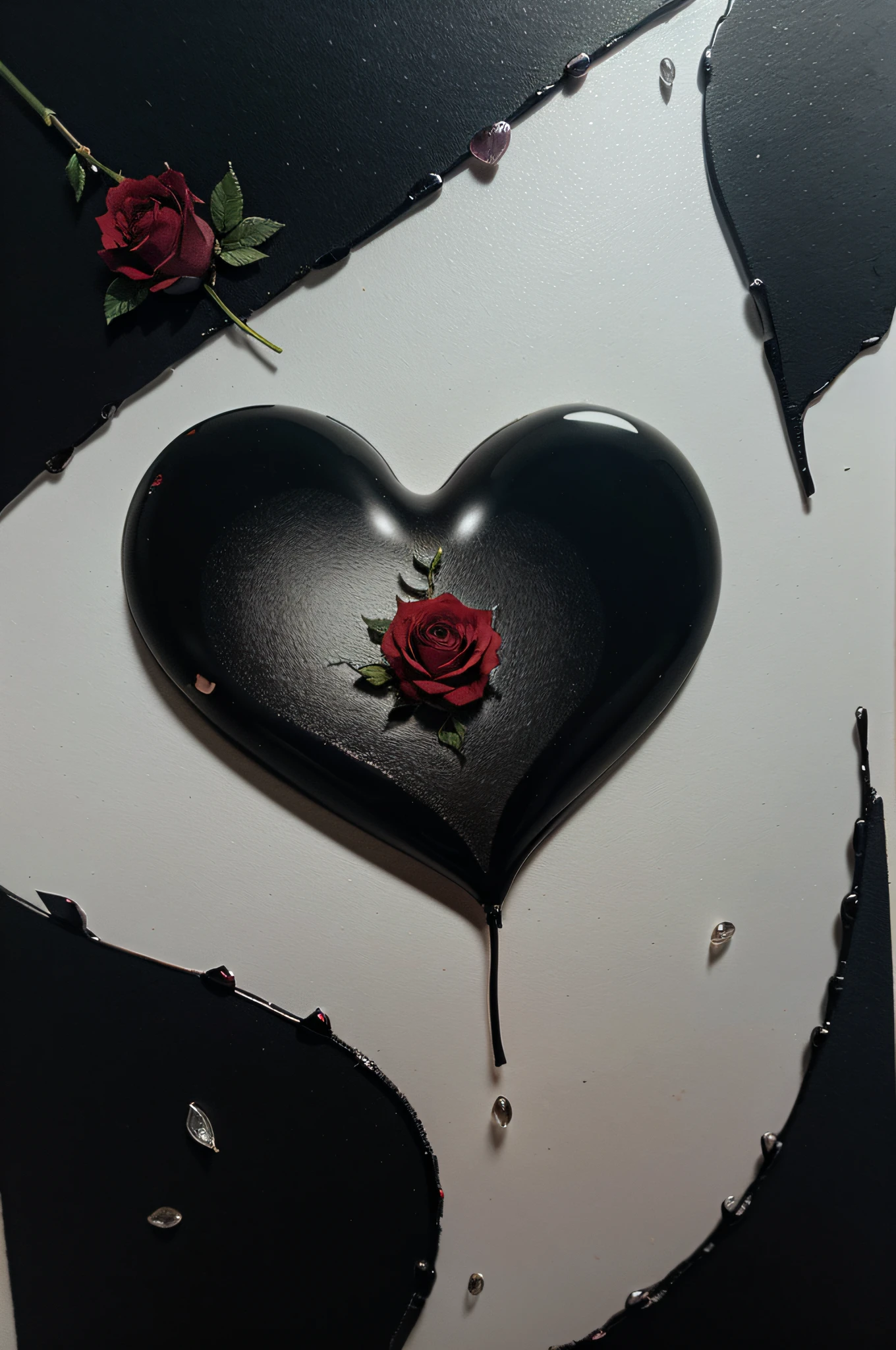 High quality, great details, human heart made of glass, among rose leaves, a dreamy image, black ink painting