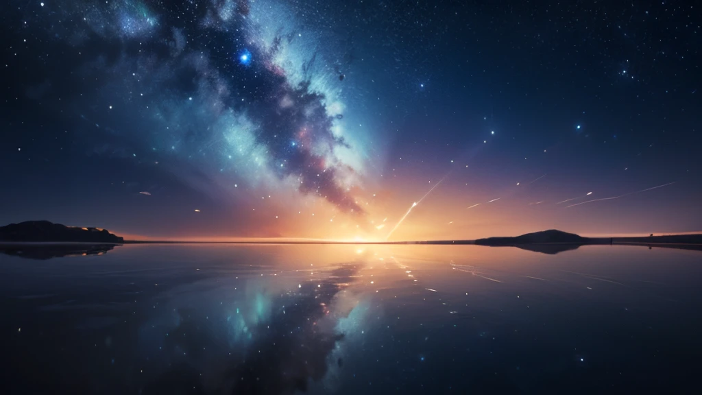 ((best qualtiy)), ((tmasterpiece)),morning, femele,Stand in the middle of a salt lake,The surface of the water is like a mirror,Reflecting the sky。Look at the sky,The Milky Way is in the sky。