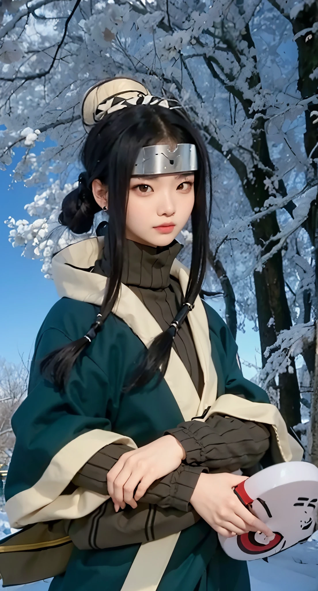 Real life adaption of this character ,The Korean beauty face , realistic same hair , realistic same ninja headband with iron plate in the middle of headband, realistic same accecories in the head,(realistic same outfit), realistic background , realistic light, realistic shadow, realism, hyper realistic,(photorealistic:1.2), normal small eyes, holding realistic same mask