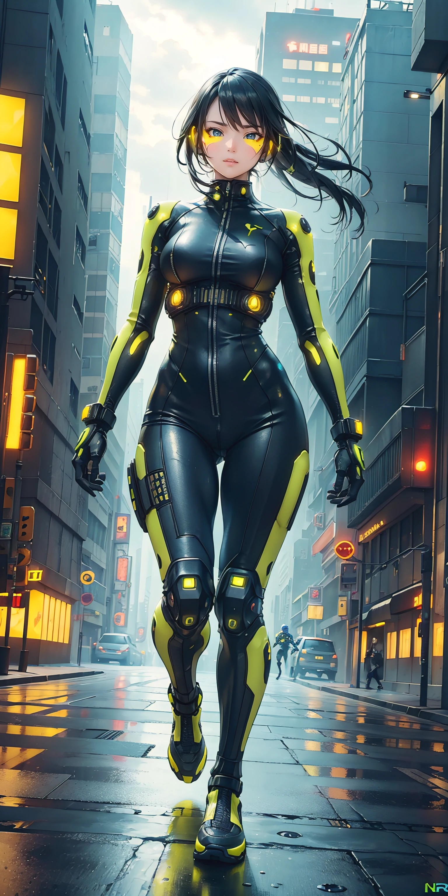 (yellow cyberpunk speed tactical suit:1) (1woman) dark theme :: focus on closeup face, serious face, cibetic visor, :: medium black hair, thick thighs :: ultra realistic futuristic speedster scifi cyberpunk athletic woman, black eyes, ((running in the middle of the street with yellow rays, cyberpunk, shadowrun, scifi high tech cyberpunk)) :: cool cyberpunk yellow speed combat suit :: natural lighting :: bokeh :: 8k :: best quality :: masterpiece :: insanely detailed:1.5