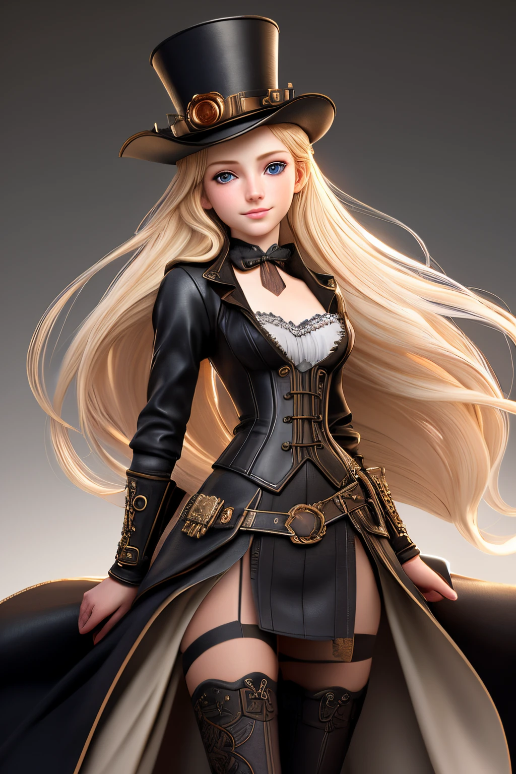 close up 1girl in, ager, Solo, Aesthetic artwork, blond, straight blonde hair, super long blonde hair, light blue eyes, some small freckles, pale skin, A-cup, small breasts, runners body, (thin hips, thin waist: 1.25), detailed skin, shy smile, wearing a steampunk dress, leather corset, top hat, ornamental copper, portrait, 50mm, 4k textures, soft cinematic light, RAW intricate, elegant, highly detailed, sharp focus, ((((cinematic look)))), soothing tones, insane details, intricate details, hyperdetailed, low contrast, soft cinematic light, dim colors, exposure blend, hdr, faded