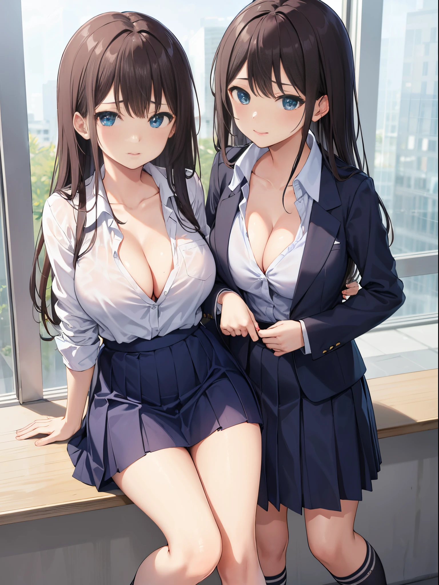Long sleeves, pleatedskirt, School uniform, Shirt, Skirt, sleeves rolled up, White shirt, cleavage,
