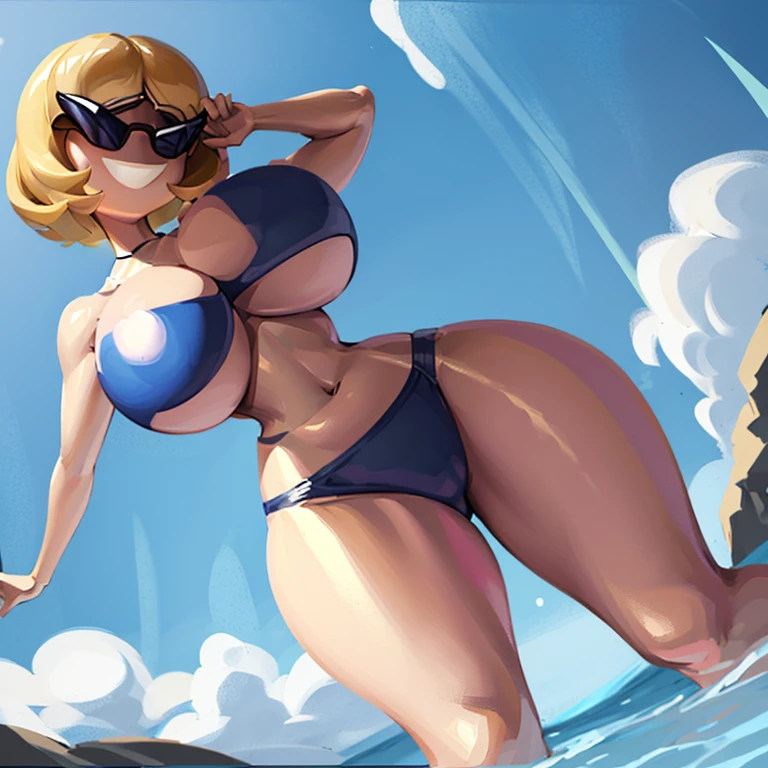 sunnymiamitf, huge breasts, narrow waist, wide hips, Sunglasses, teeth, curly hair, bob cut, short hair, blonde hair, parted bangs, blue bikini, strapless bikini, tube top, beach