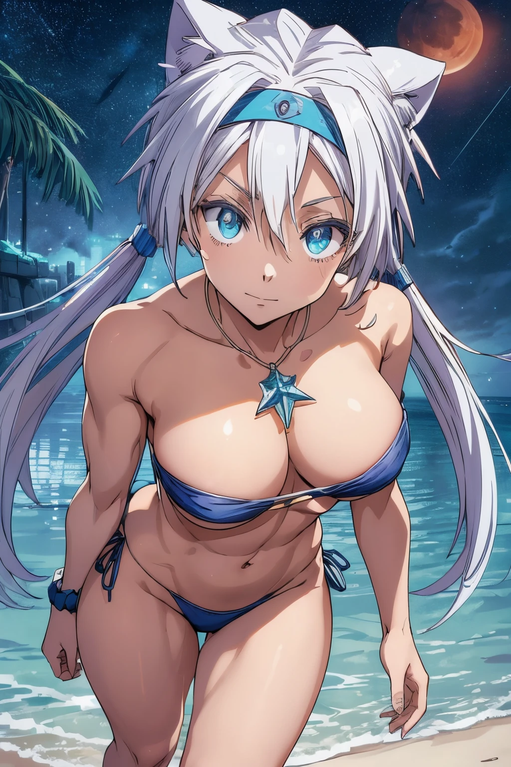 (1 ), (((Velzard de tensei shitara slime datta ken))), Ela tem pele clara, olhos da cor de diamantes azuis e cabelos longos e brilhantes, Pearl-White, amarrados em rabos de cavalo duplos, reaching up to the waist , She wears a blue star-shaped pendant and a gold headband, (wears a very short black bikini), seios grandes, thin arms, (barriga musculosa), (((pernas musculosas))),(standing on her feet), cintura fina, bare feet and very detailed, beautiful feet and well-shaped toes, (foto de corpo inteiro), (((night beach scenery with starry sky and blood moon in the sky))), twintails, olhos vazios, olhos vazios, olhos vazios, reflexo dos olhos, olhos brilhantes, mau humor, anime, estilo anime, ray tracing, cinematic lighthing, panorama , Sony FE, UHD, obra-prima, anatomicamente correto, super detalhe, alta qualidade, melhor qualidade, alta resolução, 16k