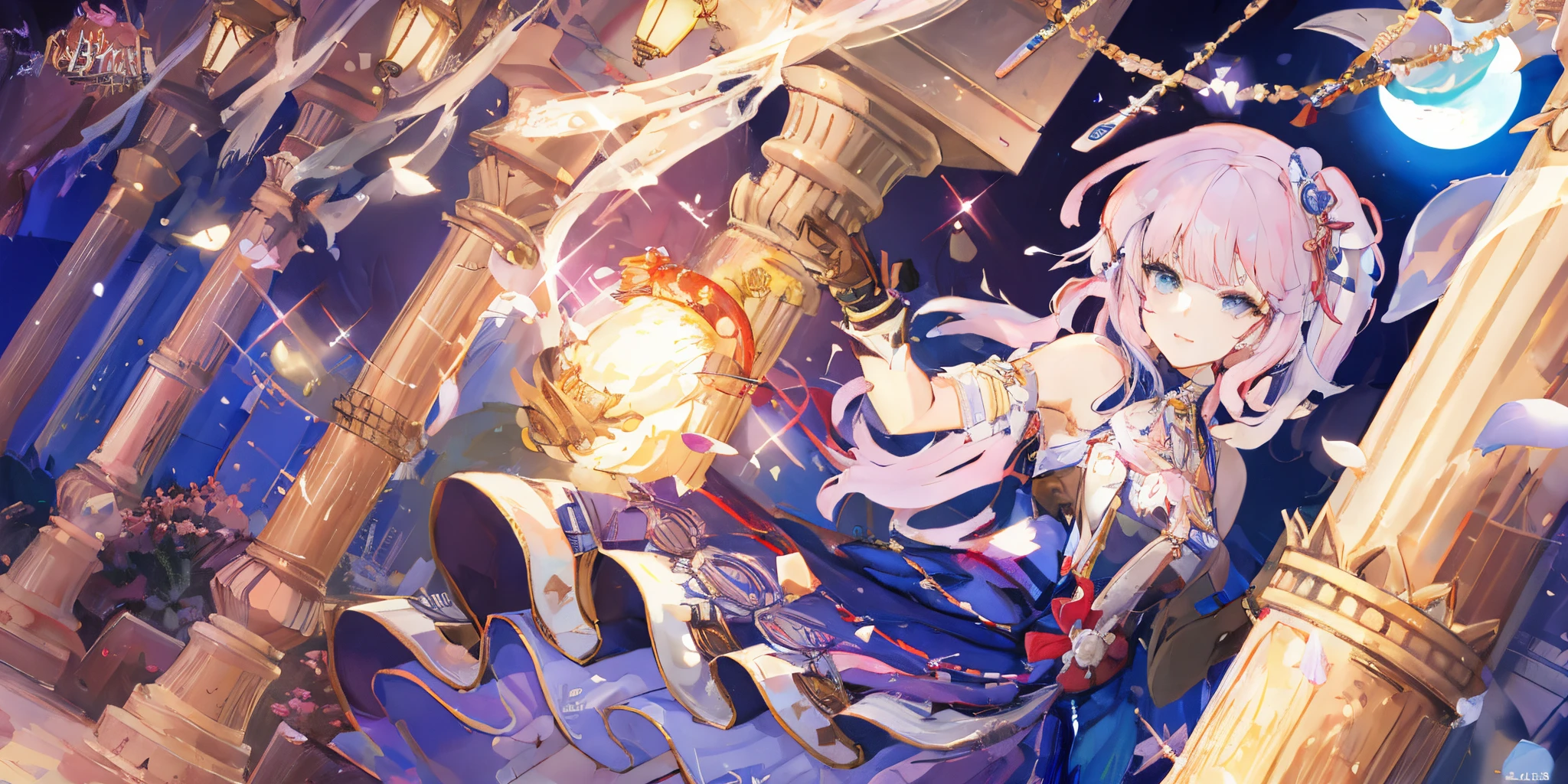 anime girl with a lamp and a jewelry around her neck, beautiful castle halls from outside , ayaka genshin impact, pink hair blue straight front hair, detailed key anime art, high detailed official artwork, ayaka game genshin impact, splash art anime , official anime artwork, official artwork, cushart krenz key art feminine, epic light novel art cover, fey magical lighting