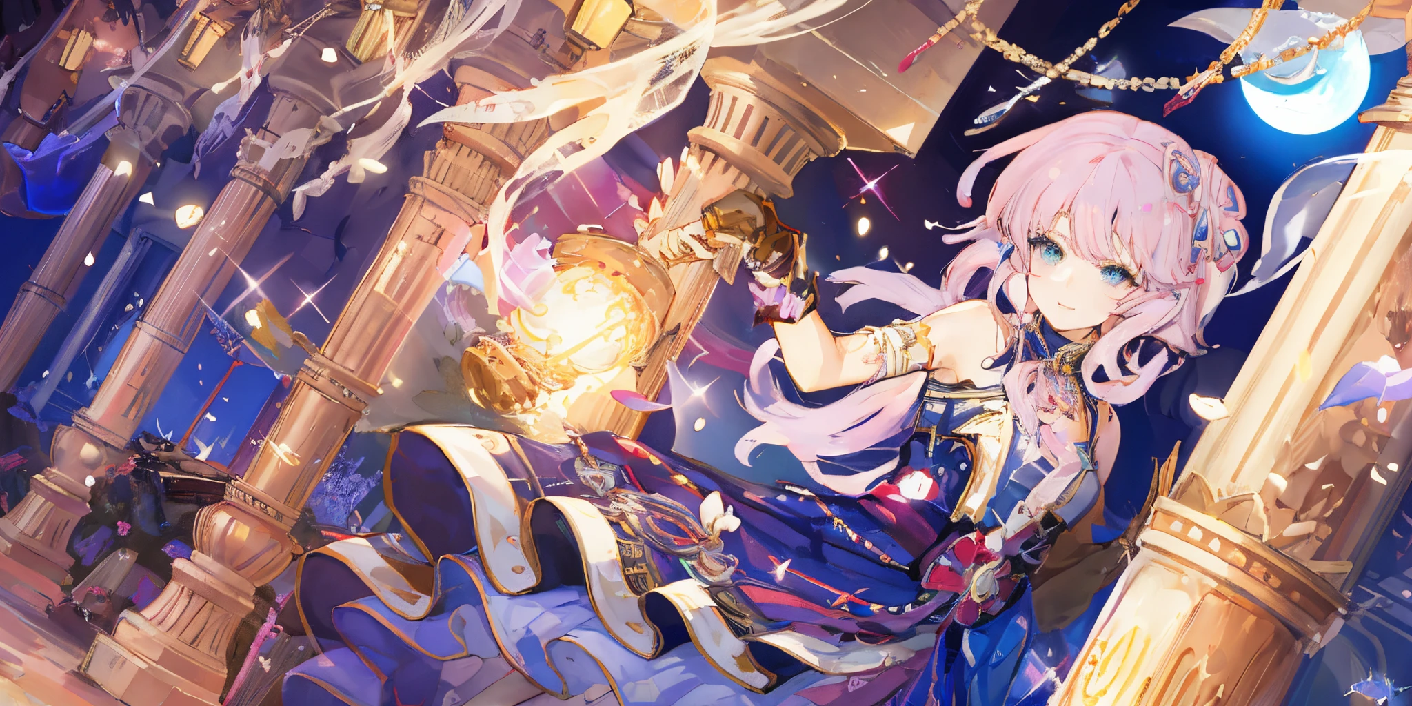 anime girl with a lamp and a jewelry around her neck, beautiful castle halls from outside , ayaka genshin impact, pink hair blue straight front hair, detailed key anime art, high detailed official artwork, ayaka game genshin impact, splash art anime , official anime artwork, official artwork, cushart krenz key art feminine, epic light novel art cover, fey magical lighting