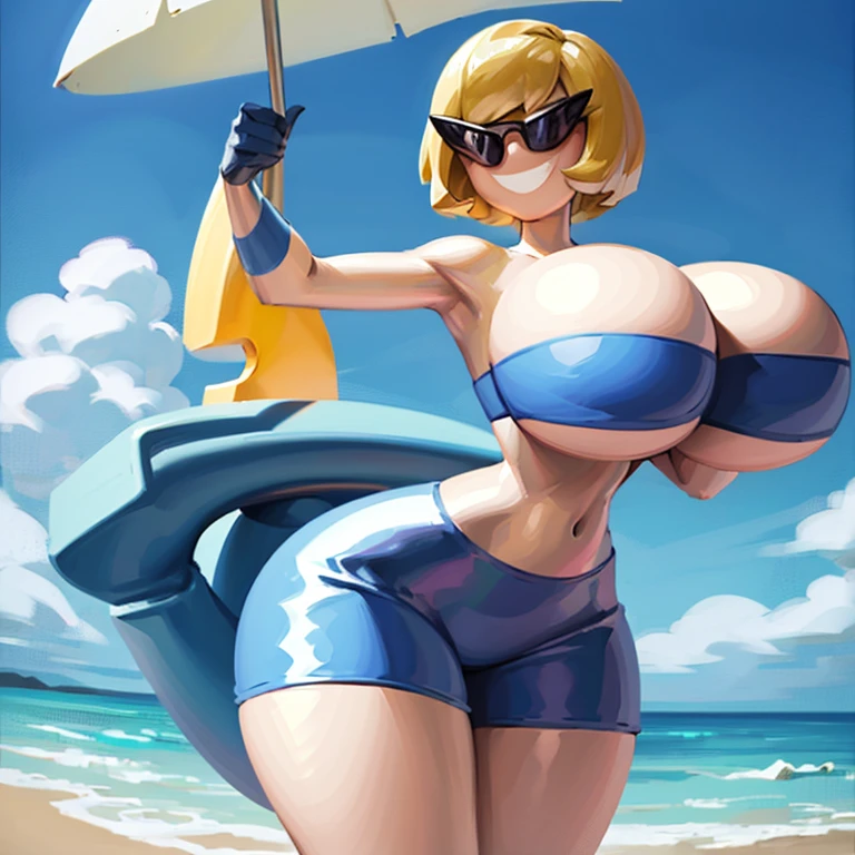 sunnymiamitf, huge breasts, narrow waist, wide hips, Sunglasses, teeth, curly hair, bob cut, short hair, blonde hair, parted bangs, light blue bikini, strapless bikini, tube top, beach