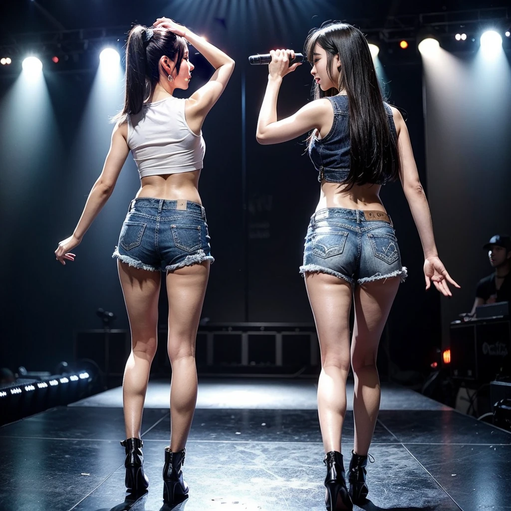 ((masterpiece, best quality)), (2 Curvy Latinas in big white granny panties and white bras, in an arena, woman on the left has curled hair, woman on the right has long straight hair, fullback briefs, realistic art style, intricate details
