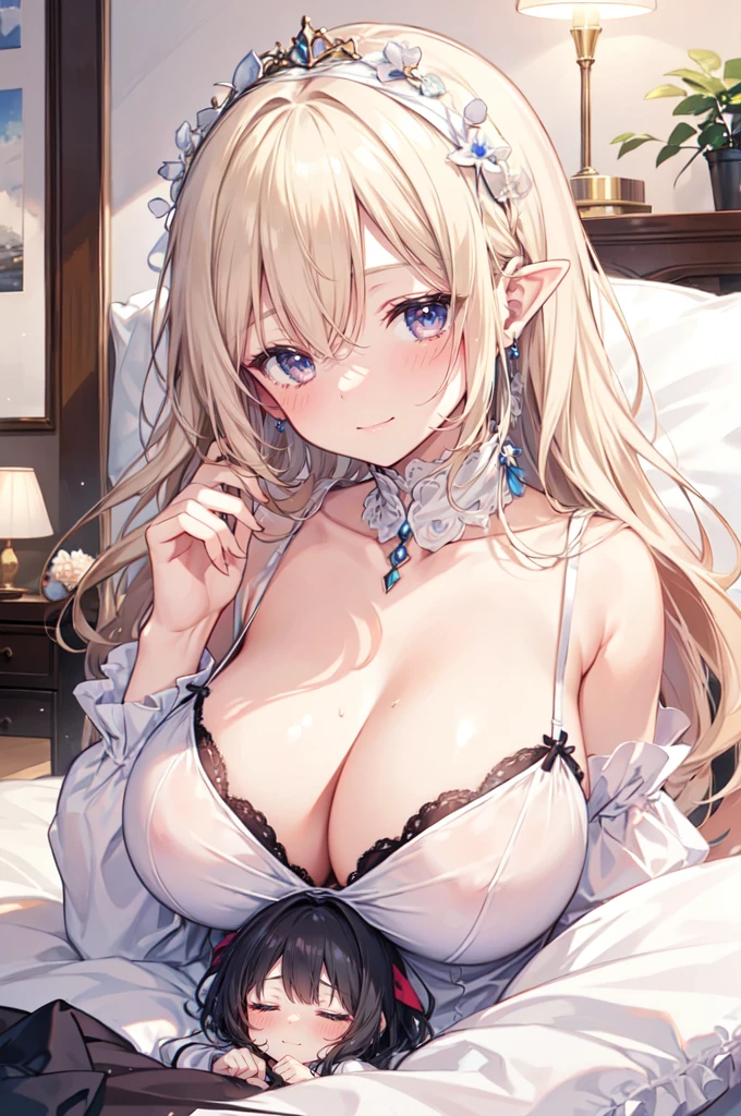 Bed, pillow, blanket, (2girls:1.5), fantasy, princess, (height_difference:1.4), (giantess:1.4), a giantess looking down at a minigirl, a minigirl resting next to the breasts of a giantess, a minigirl resting close to the breasts of a giantess, laying down, Elfgirl, resting, big breasts, cleavage, upper body, happy, naked, lingerie, (minigirl:1.2), (Masterpiece), (Best Definition Animated Illustration), (Super Definition), sexy clothing, fluffy, frills, sleeping