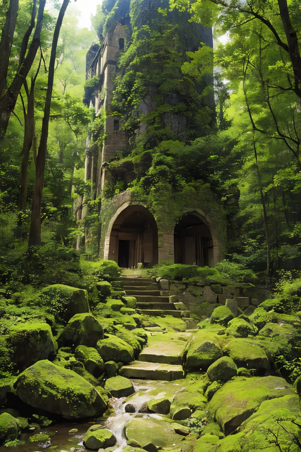 Ruins of a medieval castle、castle town、
deep-forest、dark color