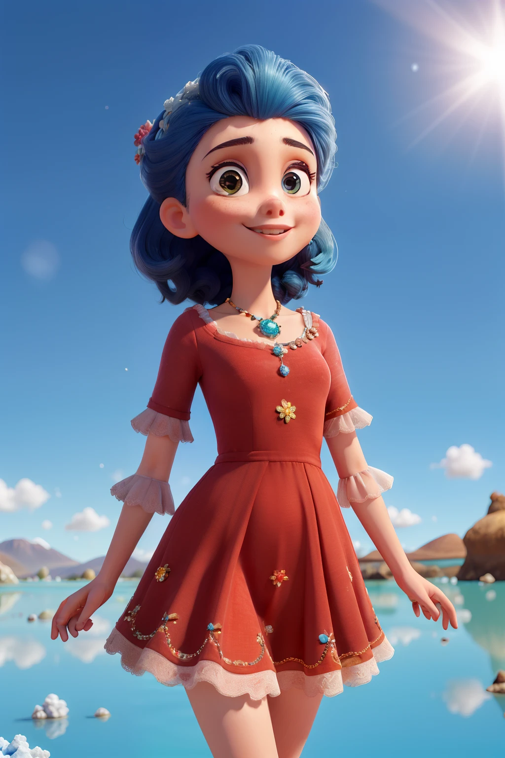 absurdos, Altas, (Arte Oficial, Beautiful and Aesthetic:1.2), (Close view:1.15), (1girl, cabelos azuis, medium hair, olhos azuis, olhos brilhantes, vestido branco longo, babado azul,:1.2) blue skies, Shimmering galaxy, (Salar de Uyuni:1.2), (Arte Fractal:0.8), water effects, efeitos em cascata, (efeitos florais: 0.65), efeitos de luz,