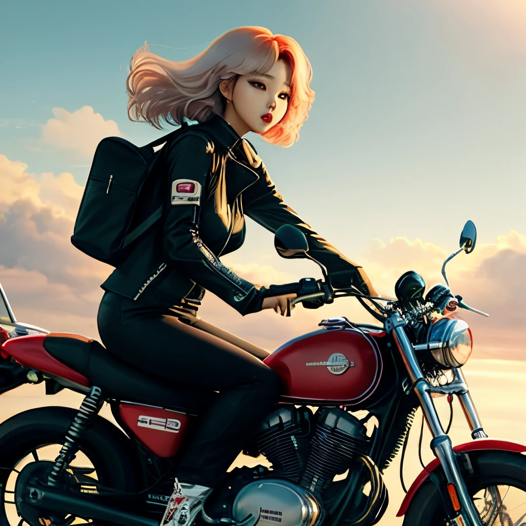 Cantora de kpop Jennie Kim com cabelos escuros e longos pilotando uma moto