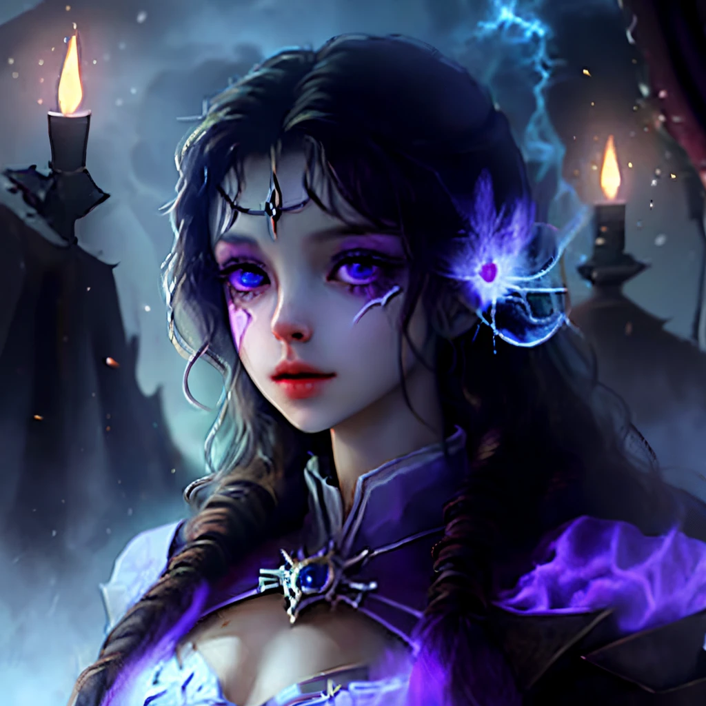 Girl with Purple Brilliant eyes in a dark scenario, with magic clothes and Black Hair