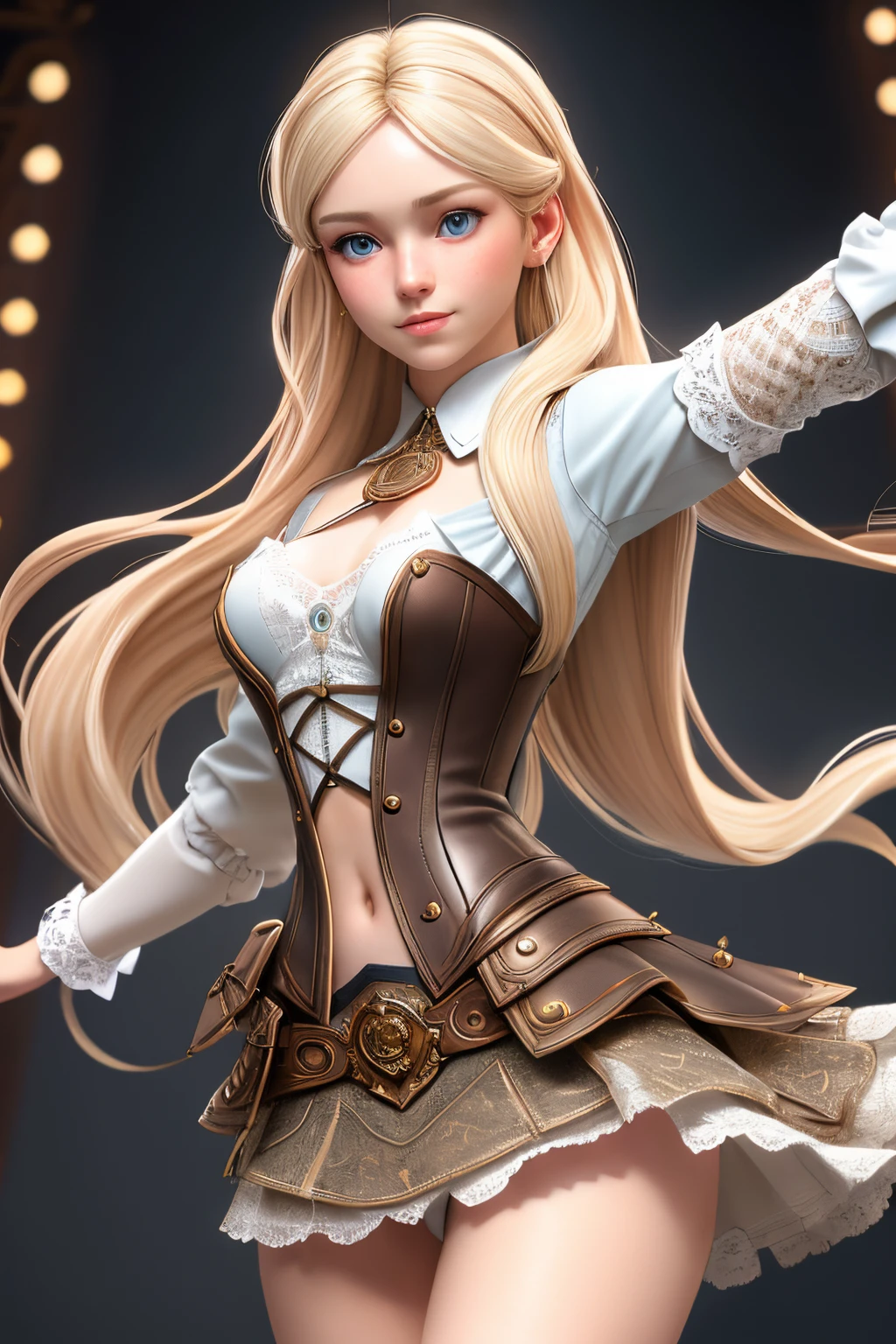 close up 1girl in, ager, Solo, Aesthetic artwork, blond, straight blonde hair, super long blonde hair, light blue eyes, some small freckles, pale skin, A-cup, small breasts, runners body, (thin hips, thin waist: 1.25), detailed skin, shy smile, wearing a steampunk outfit with lace, leather corset, ornamental copper parts, portrait, blaster, (action shot dancing:1.2), 50mm, 4k textures, soft cinematic light, RAW intricate, elegant, highly detailed, sharp focus, ((((cinematic look)))), soothing tones, insane details, intricate details, hyperdetailed, low contrast, soft cinematic light, dim colors, exposure blend, hdr, faded